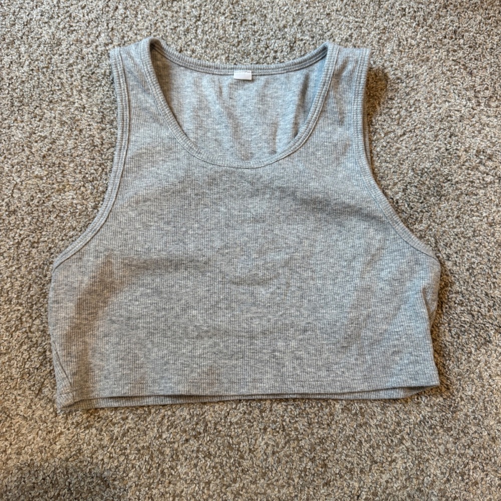 Alo Yoga Womens Heather Grey Ribbed Cropped Tank Top Scoop Neck Activewear